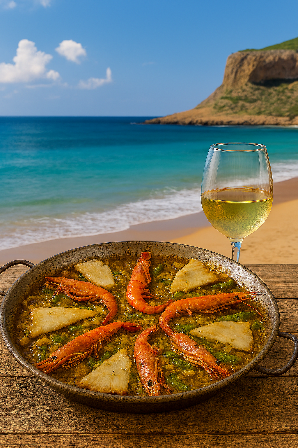 Paella de raya, calamar y gambas terminada