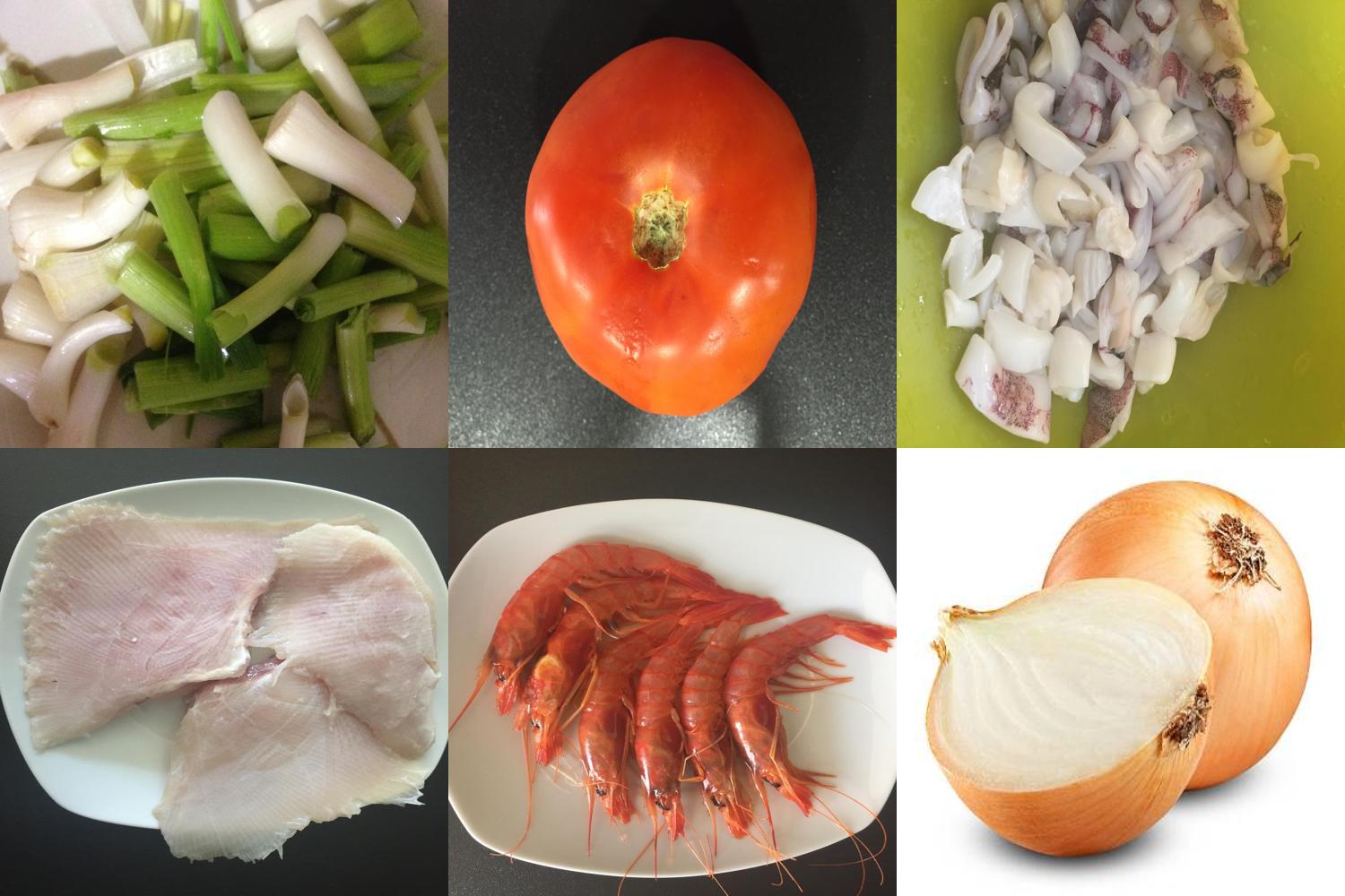 Ingredientes: raya, calamar, gambas, cebolletas, ajos tiernos, tomate y arroz