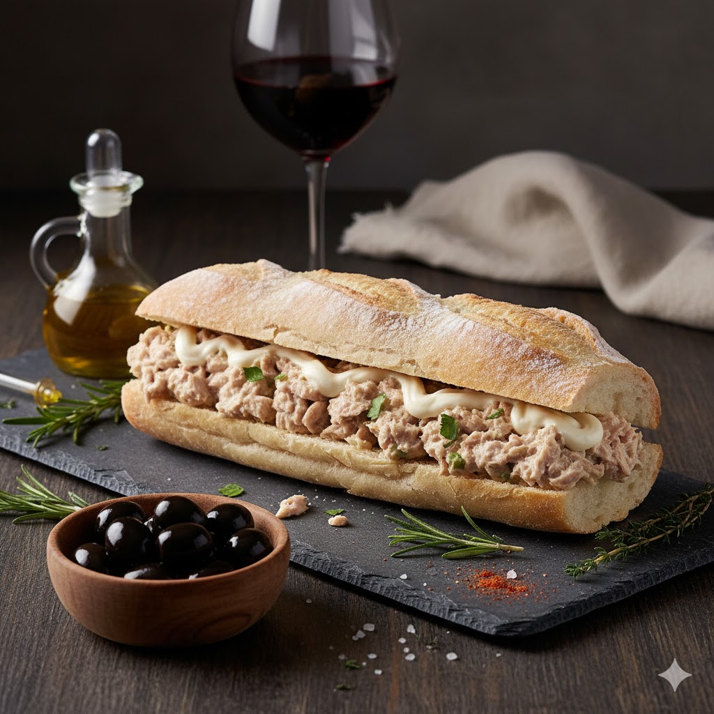 [translate:Bocadillo de atún con mayonesa servido]