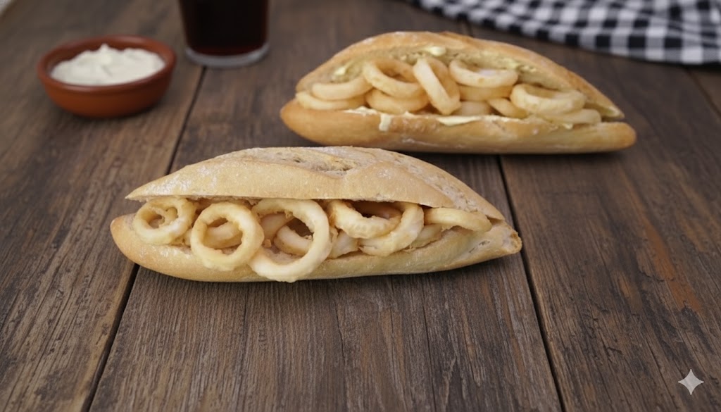 [translate:Bocadillo de calamares crujientes servido]