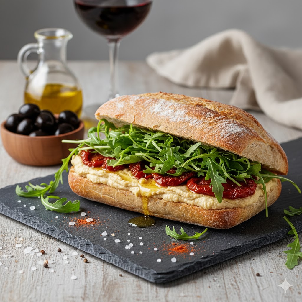 [translate:Bocadillo de hummus con tomate seco y rúcula servido]