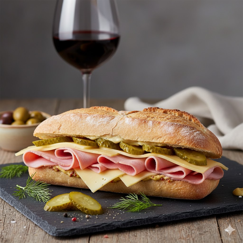 [translate:Bocadillo jamón cocido queso pepinillos servido]