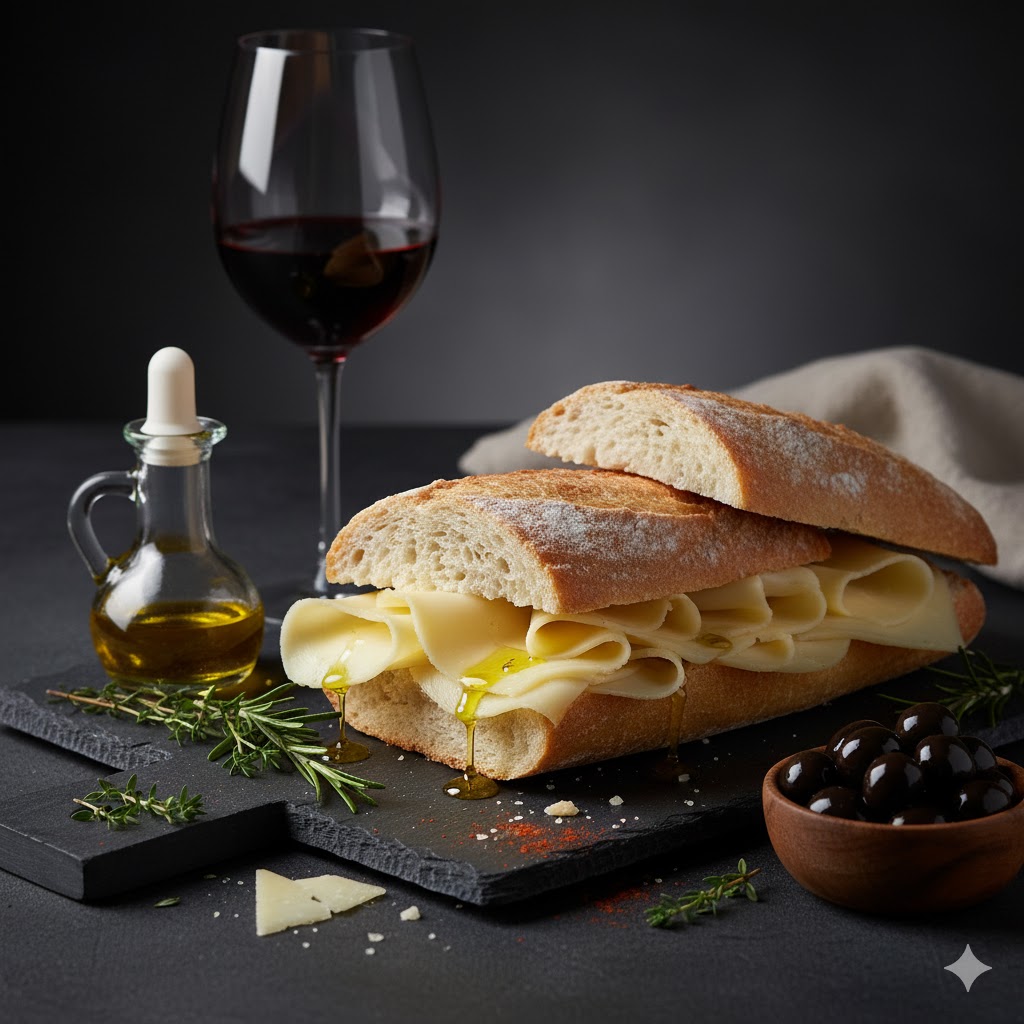 [translate:Bocadillo de queso curado y aceite servido]