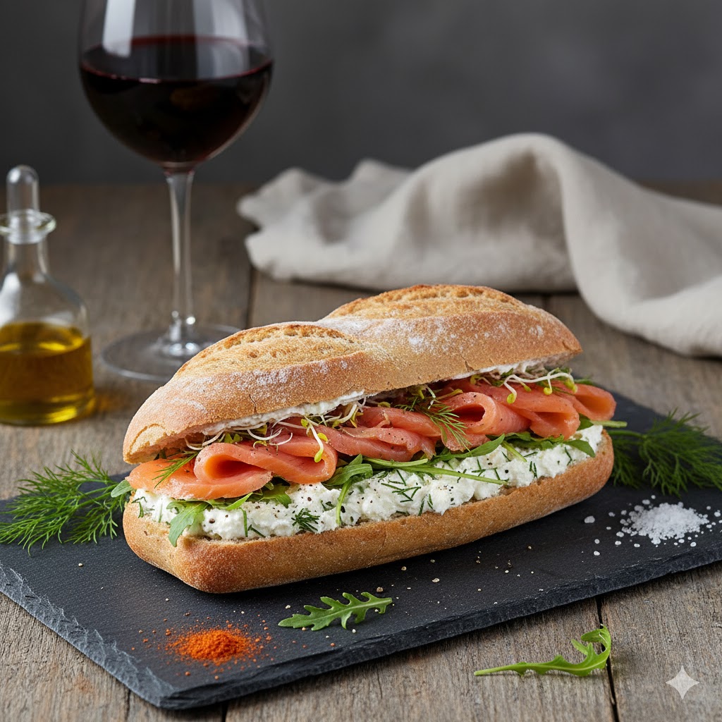 [translate:Bocadillo de salmón con queso crema servido]