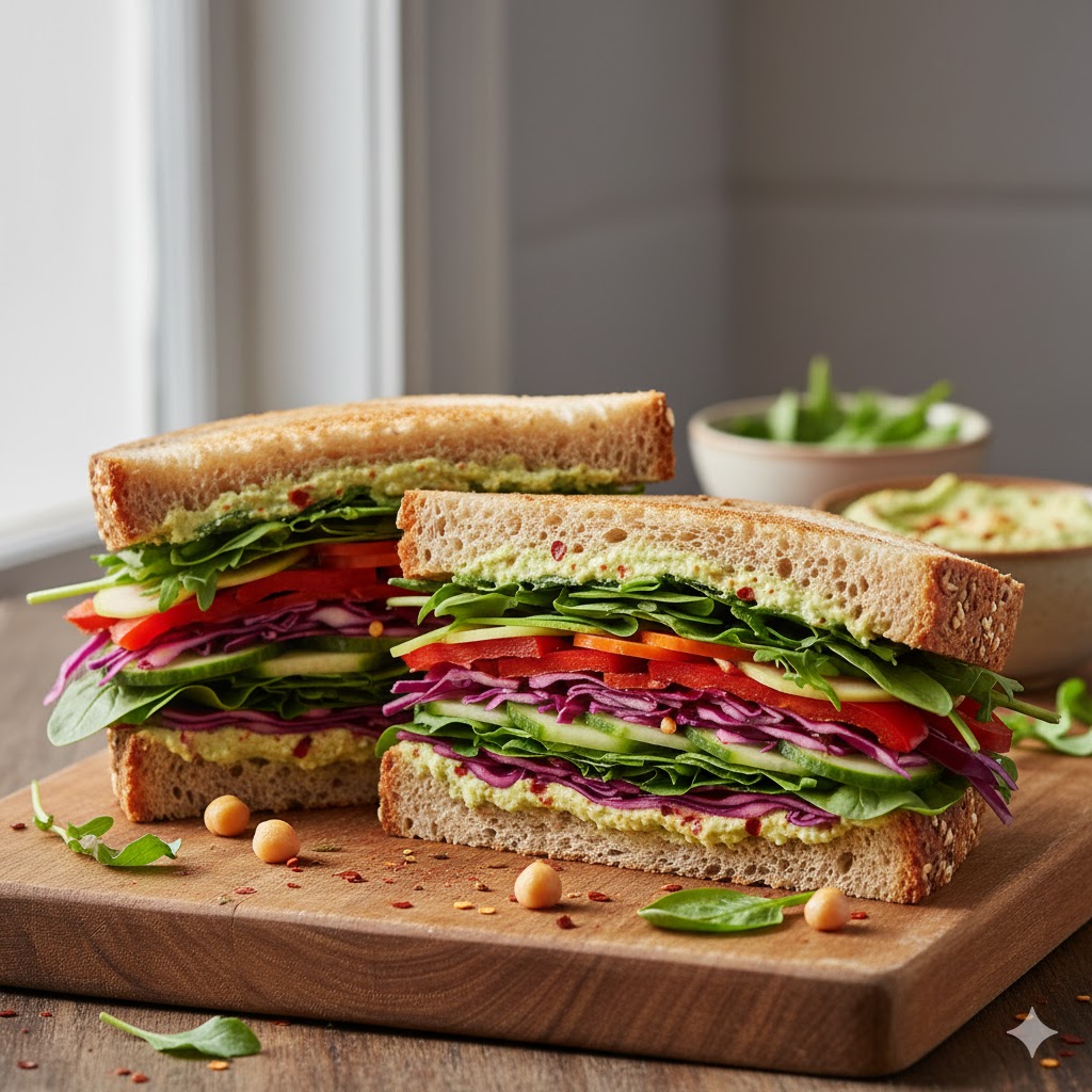 Sándwich vegetal con hummus