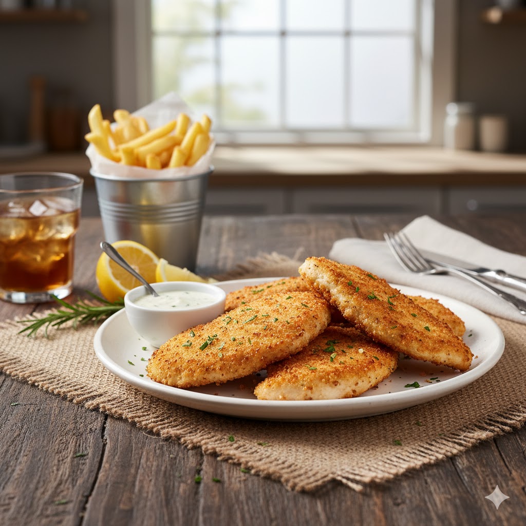 Filetes de pollo empanados servidos