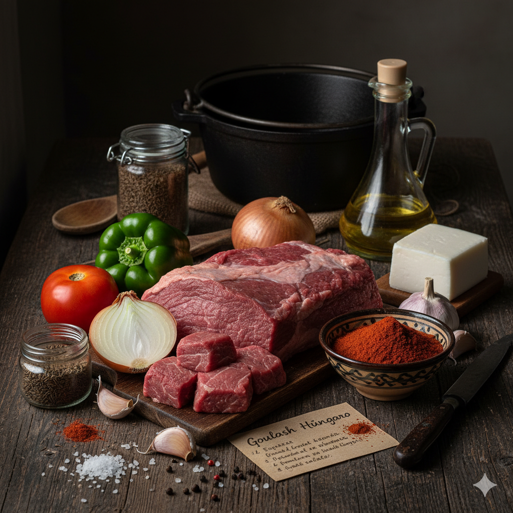 Mise en place para goulash: ternera, cebollas, pimentón, ajo, tomate y especias