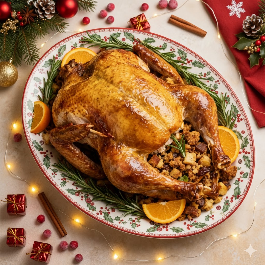Pavo relleno de Navidad servido