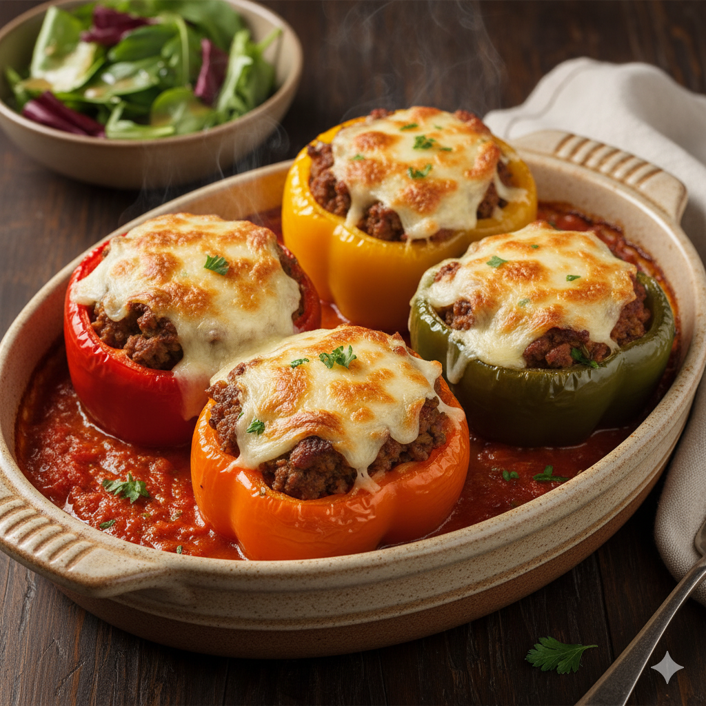 Pimientos rellenos gratinados, listos para servir