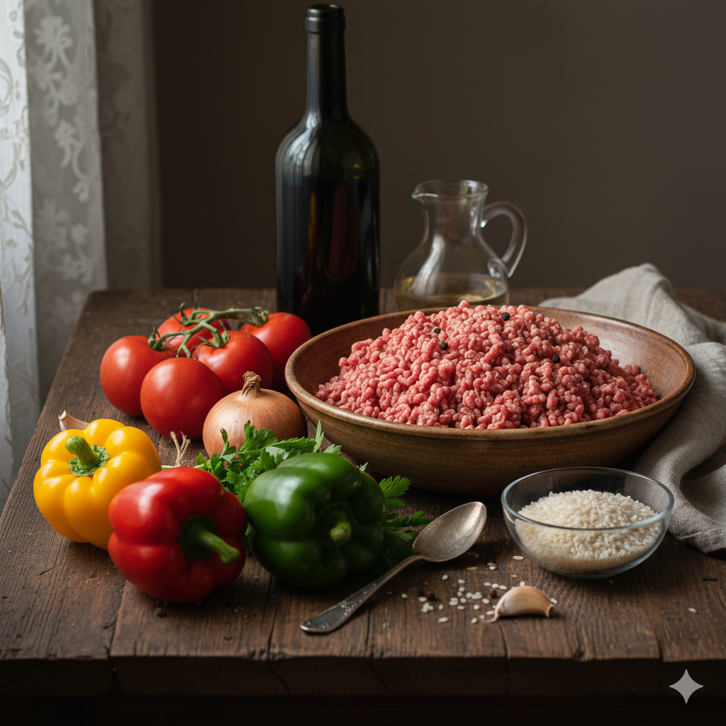 Ingredientes para pimientos rellenos: pimientos de colores, carne, cebolla, ajo, tomate y queso