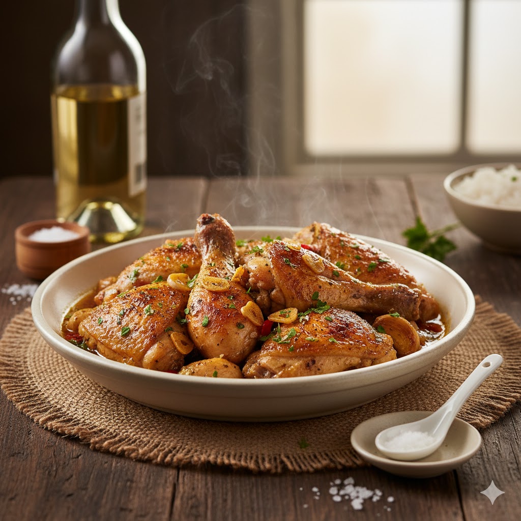 Pollo al ajillo servido