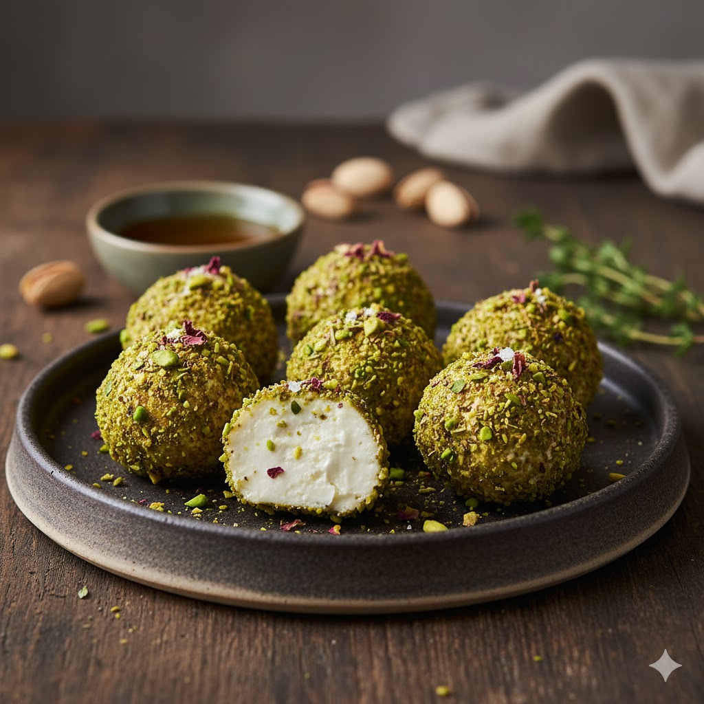 [translate:Bombones de queso de cabra y pistacho listos para servir]