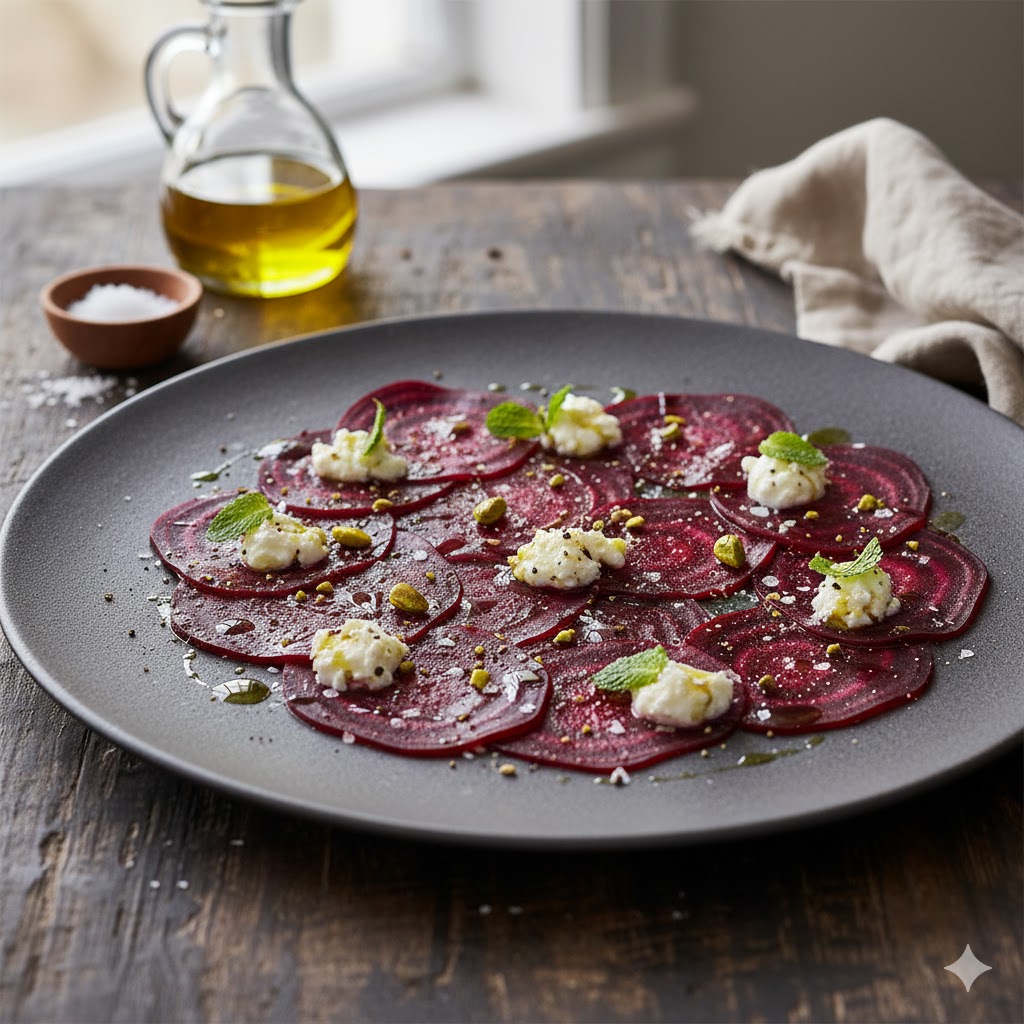 [translate:Carpaccio de remolacha con queso de cabra servido]