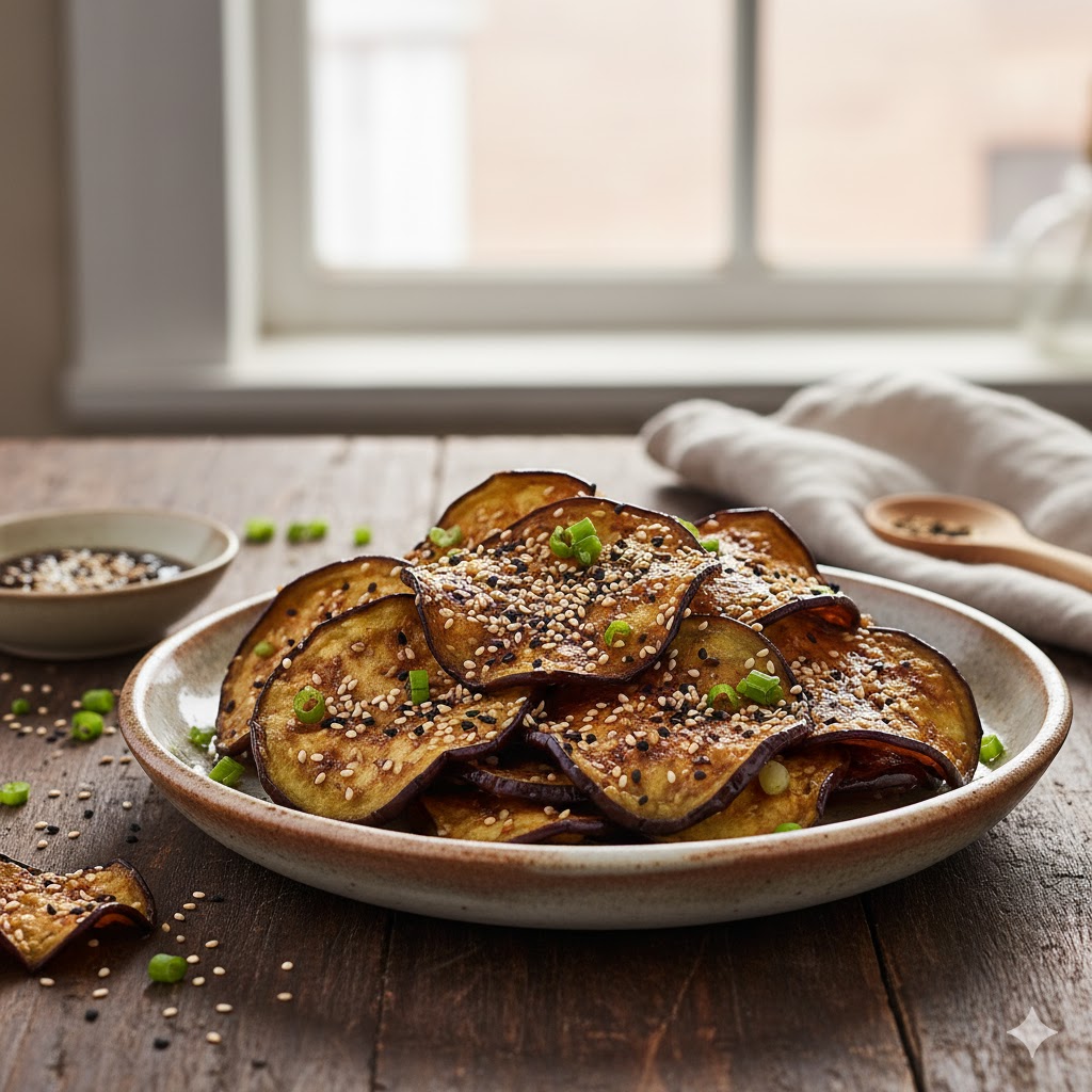 Chips de berenjena al miso y sésamo servidos