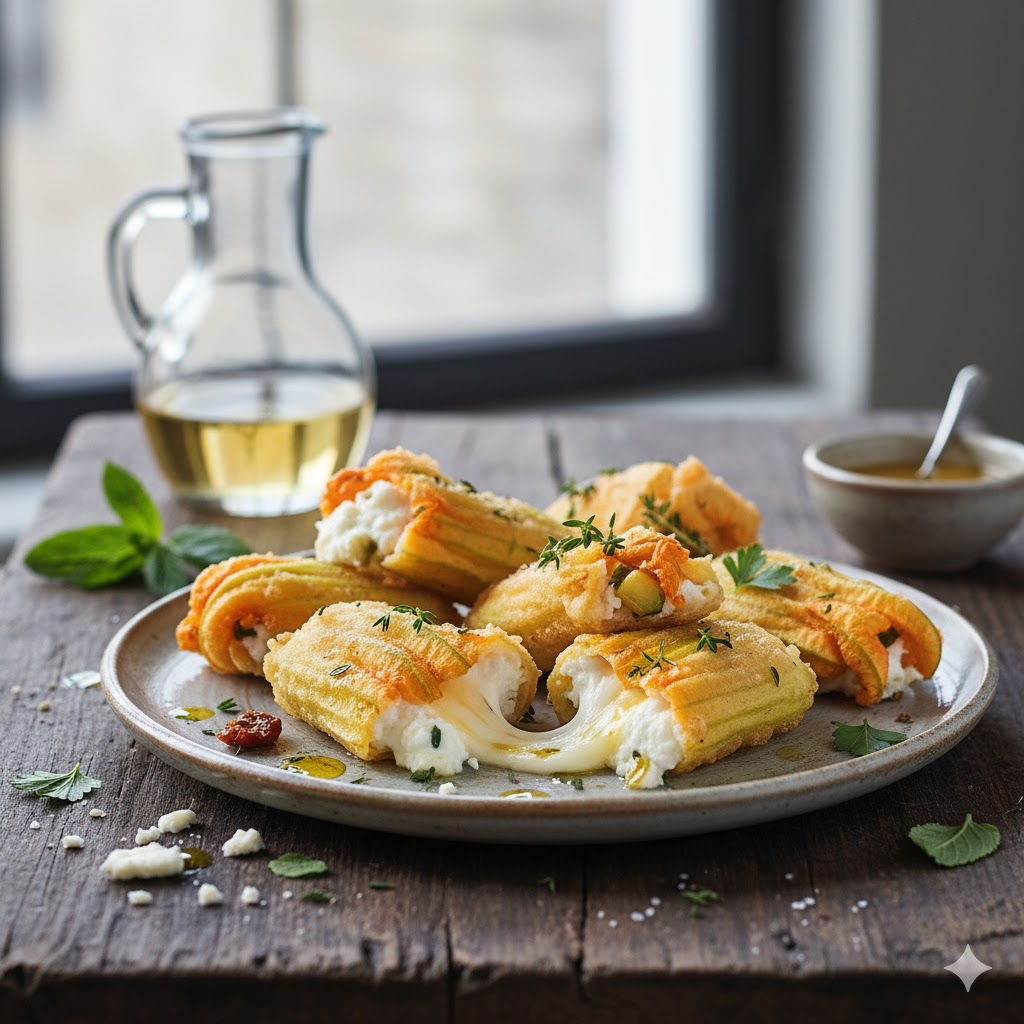 Flores de calabacín rellenas servidas