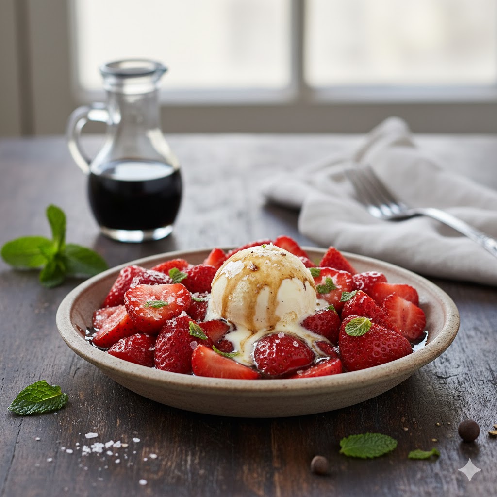 Fresas marinadas con vinagre balsámico servidas