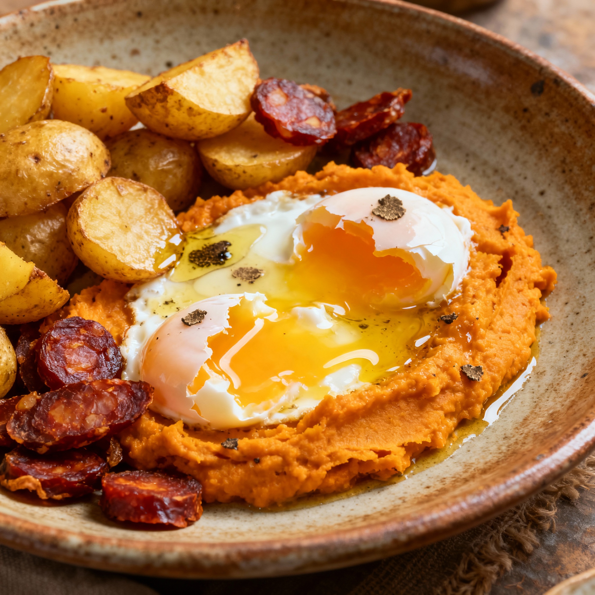 Huevos rotos con boniato, chistorra crujiente y trufa