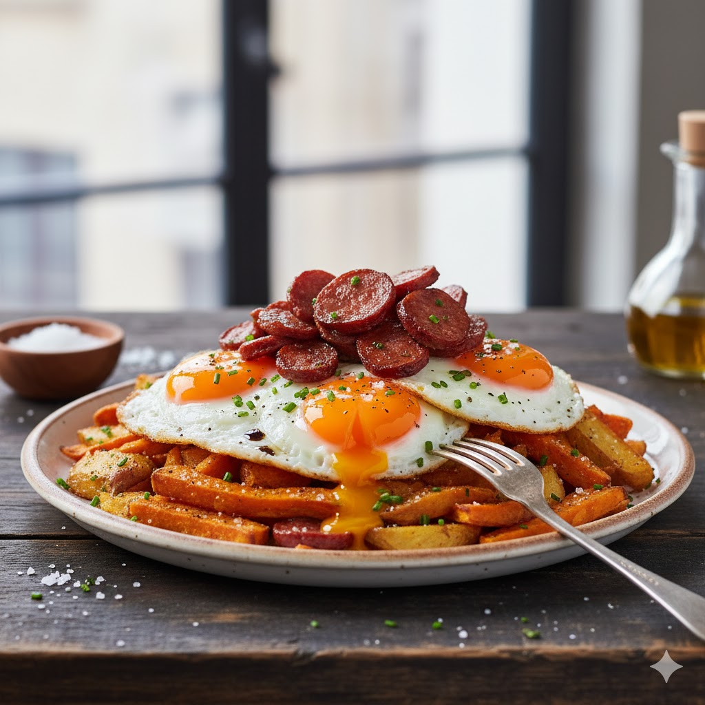 Huevos rotos con boniato y chistorra crujiente servidos