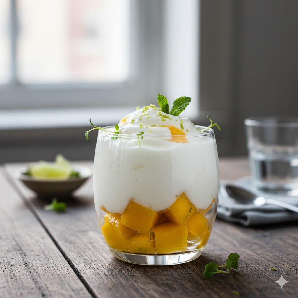 Mango con lima y espuma de yogur servido