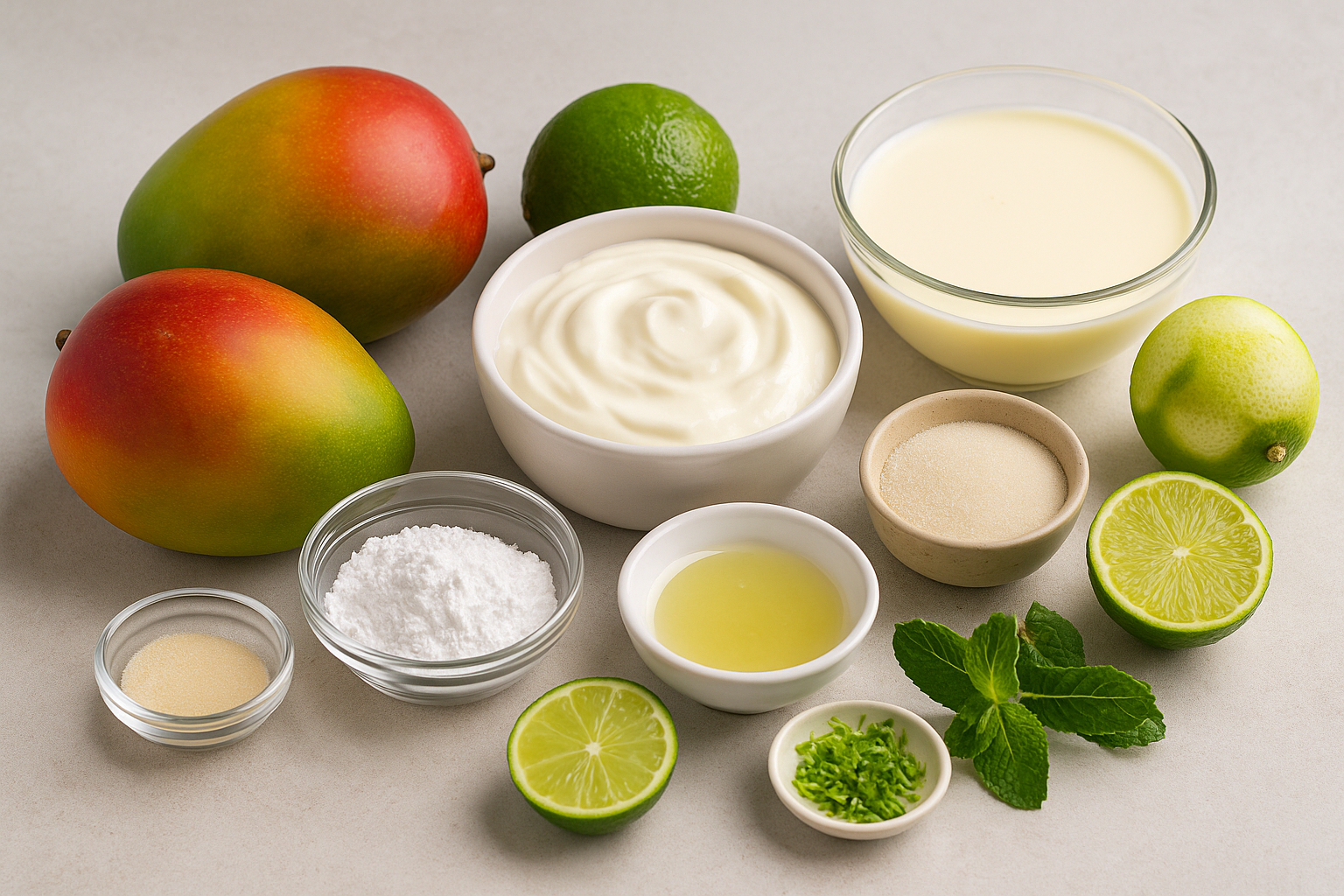 Ingredientes mango con lima y espuma de yogur