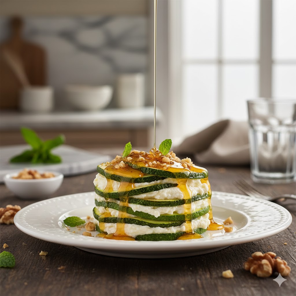 [translate:Milhojas de calabacín, ricotta y miel servido]