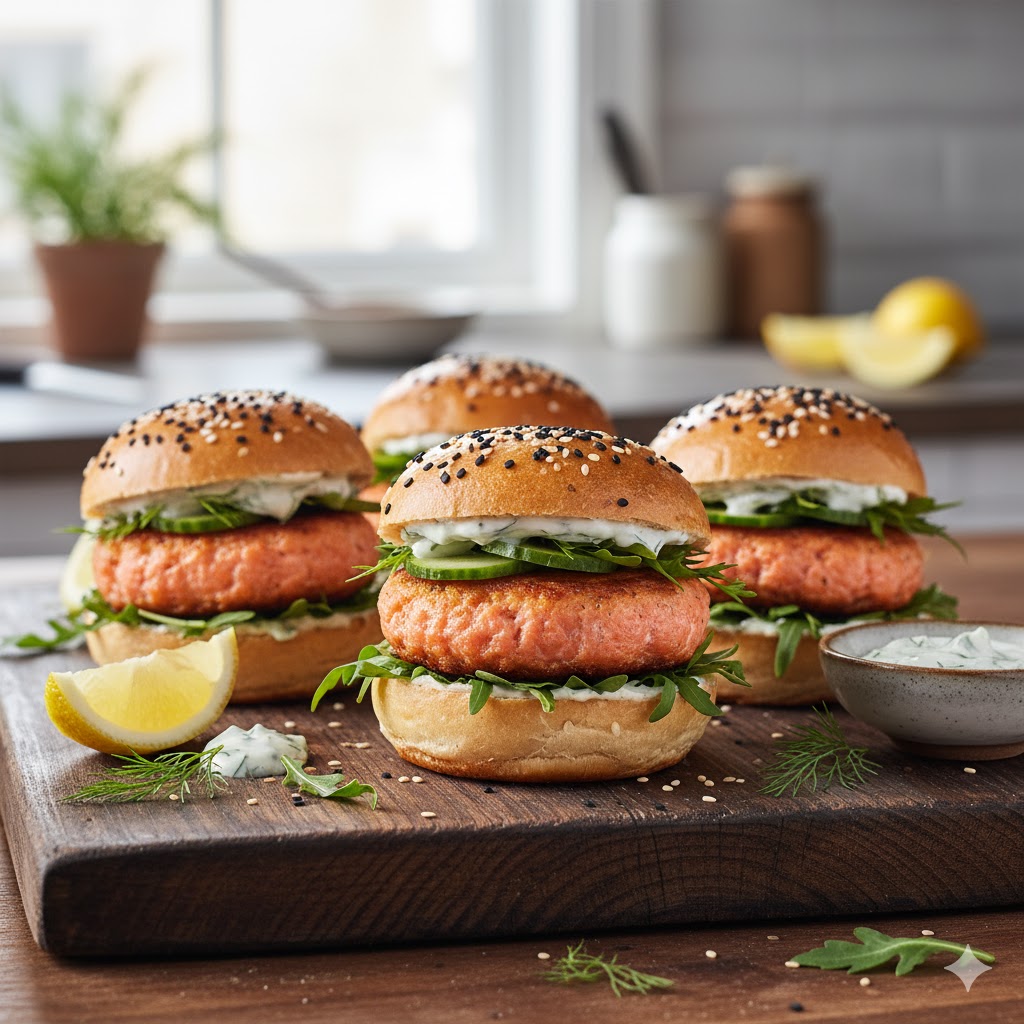 Mini hamburguesas de salmón servidas