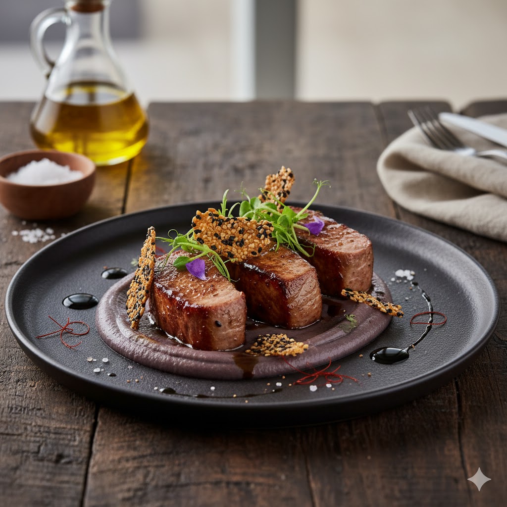 Solomillo ibérico glaseado al miso con puré de berenjena