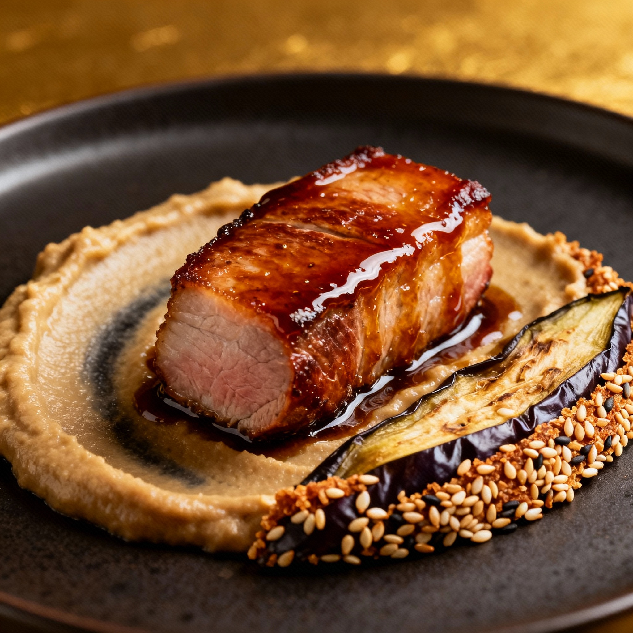 Solomillo ibérico glaseado al miso con puré de berenjena y crujiente de sésamo