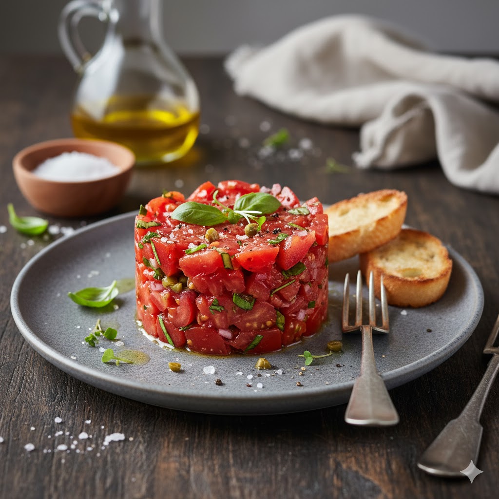 [translate:Tartar falso de tomate con alcaparras servido]