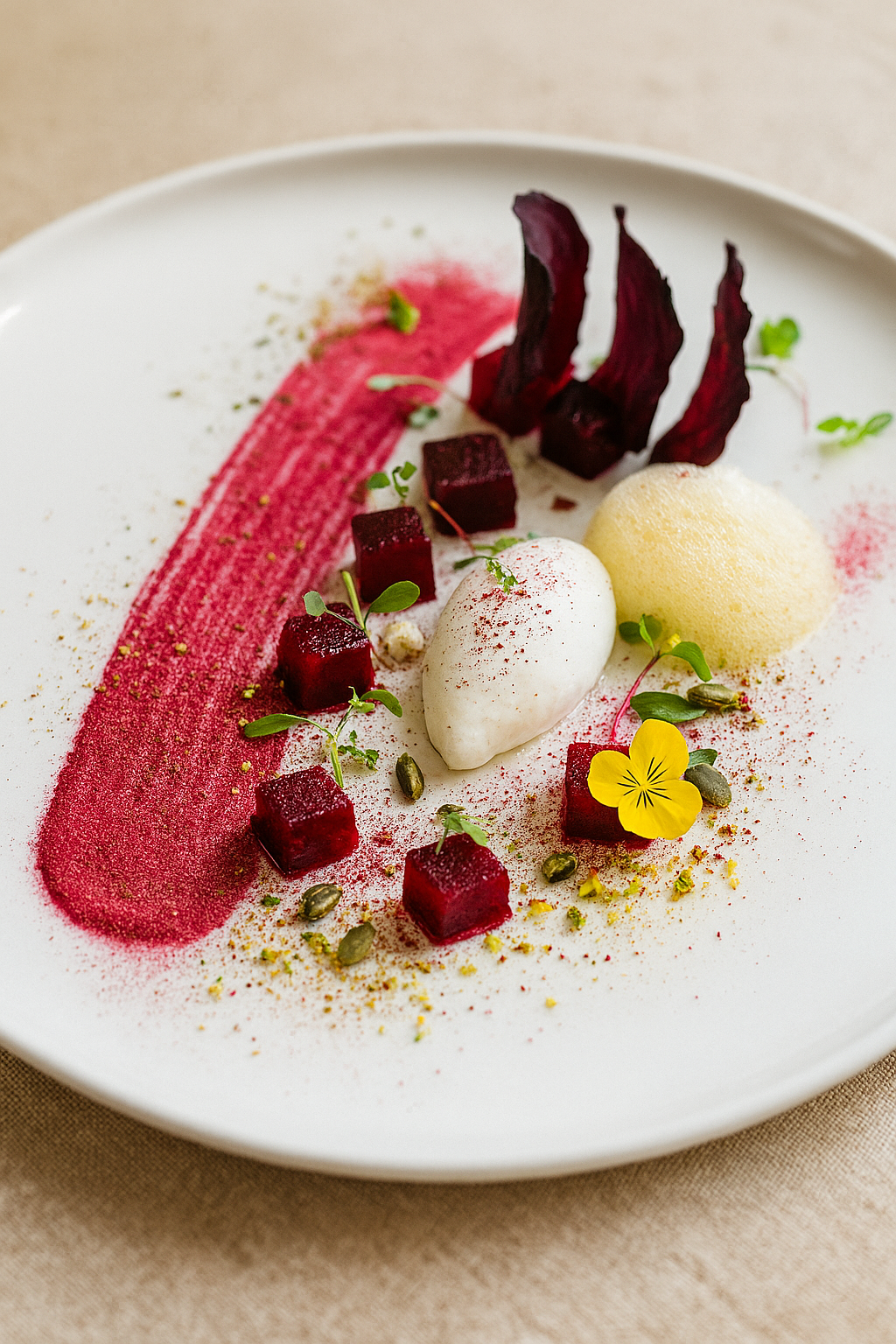 Texturas de remolacha, yogur ahumado y aire de cítricos