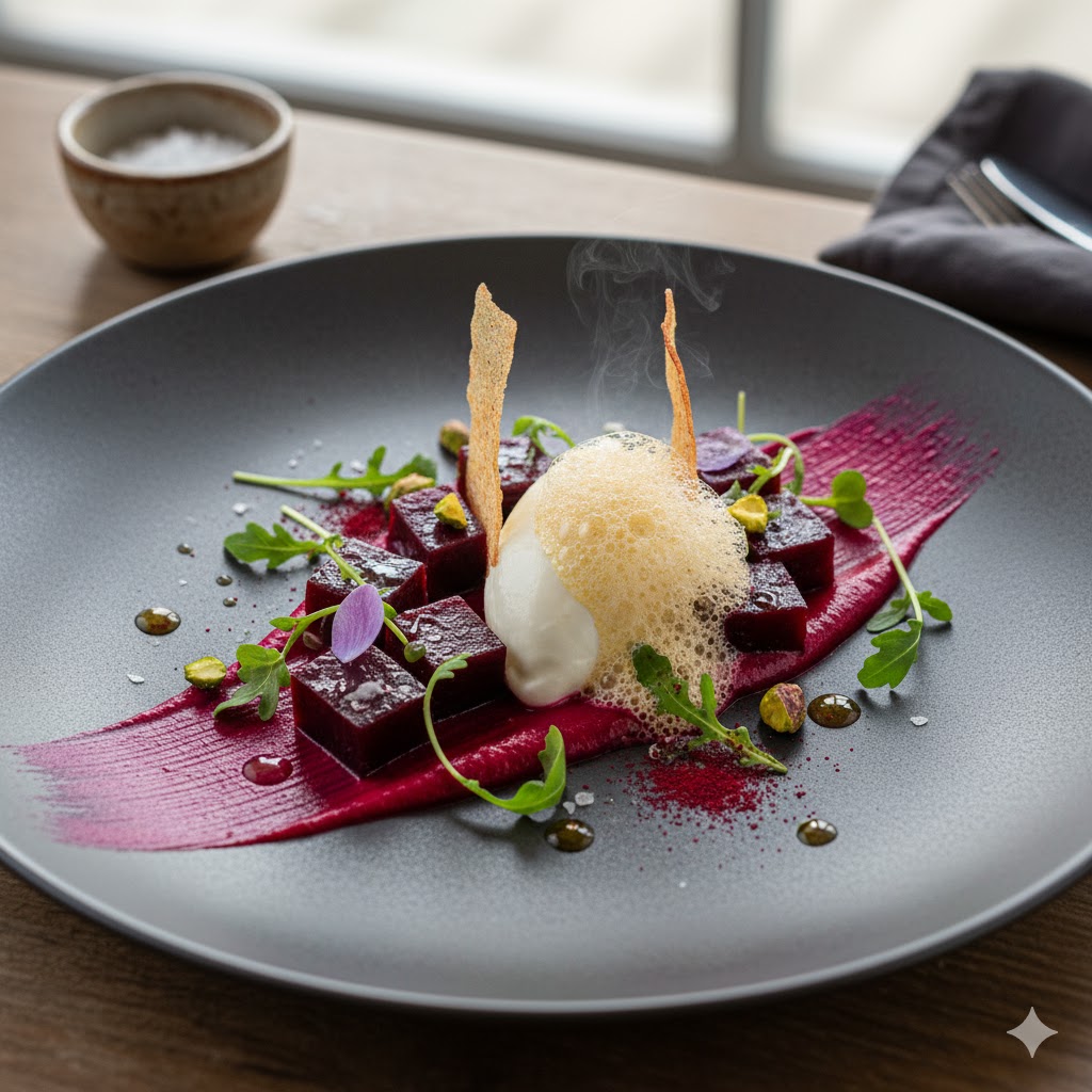 Plato final texturas remolacha yogur ahumado aire cítrico