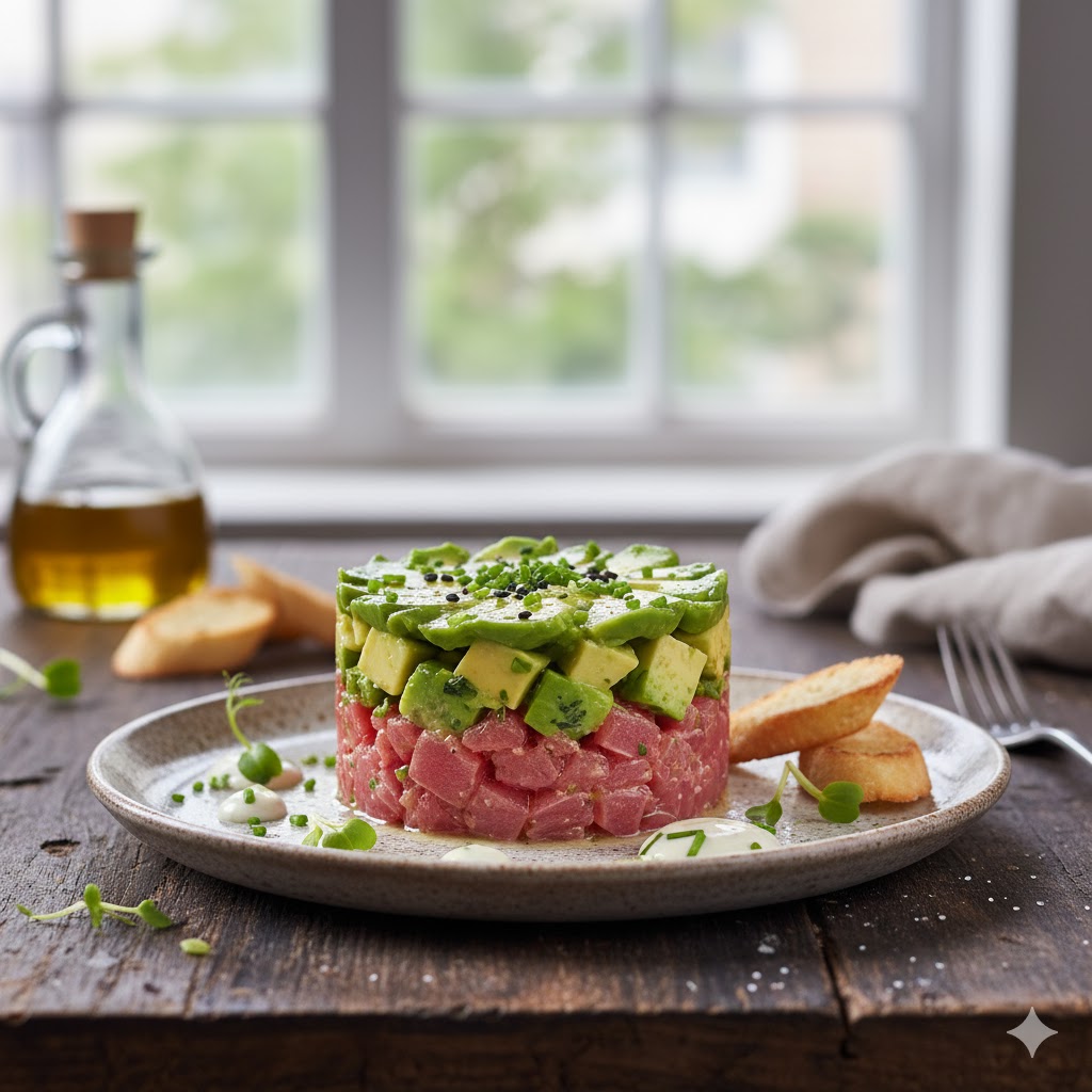 Timbal de atún y aguacate servido