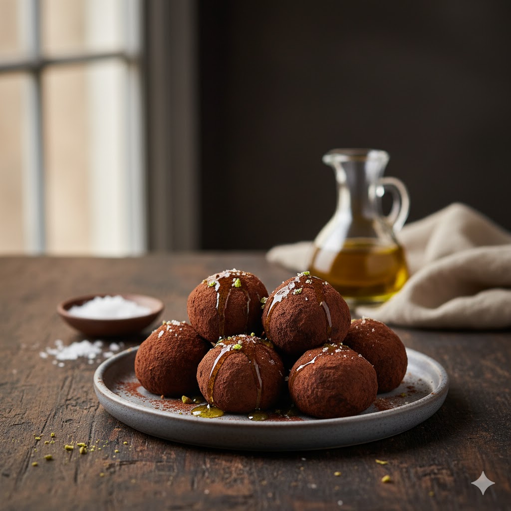 Trufas de chocolate con aceite de oliva servidas