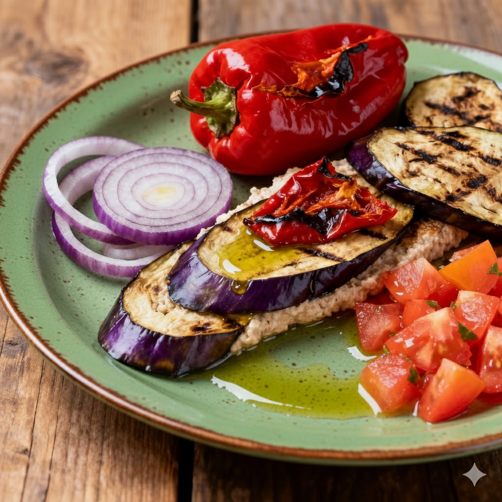 Aspencat con berenjena y tomate