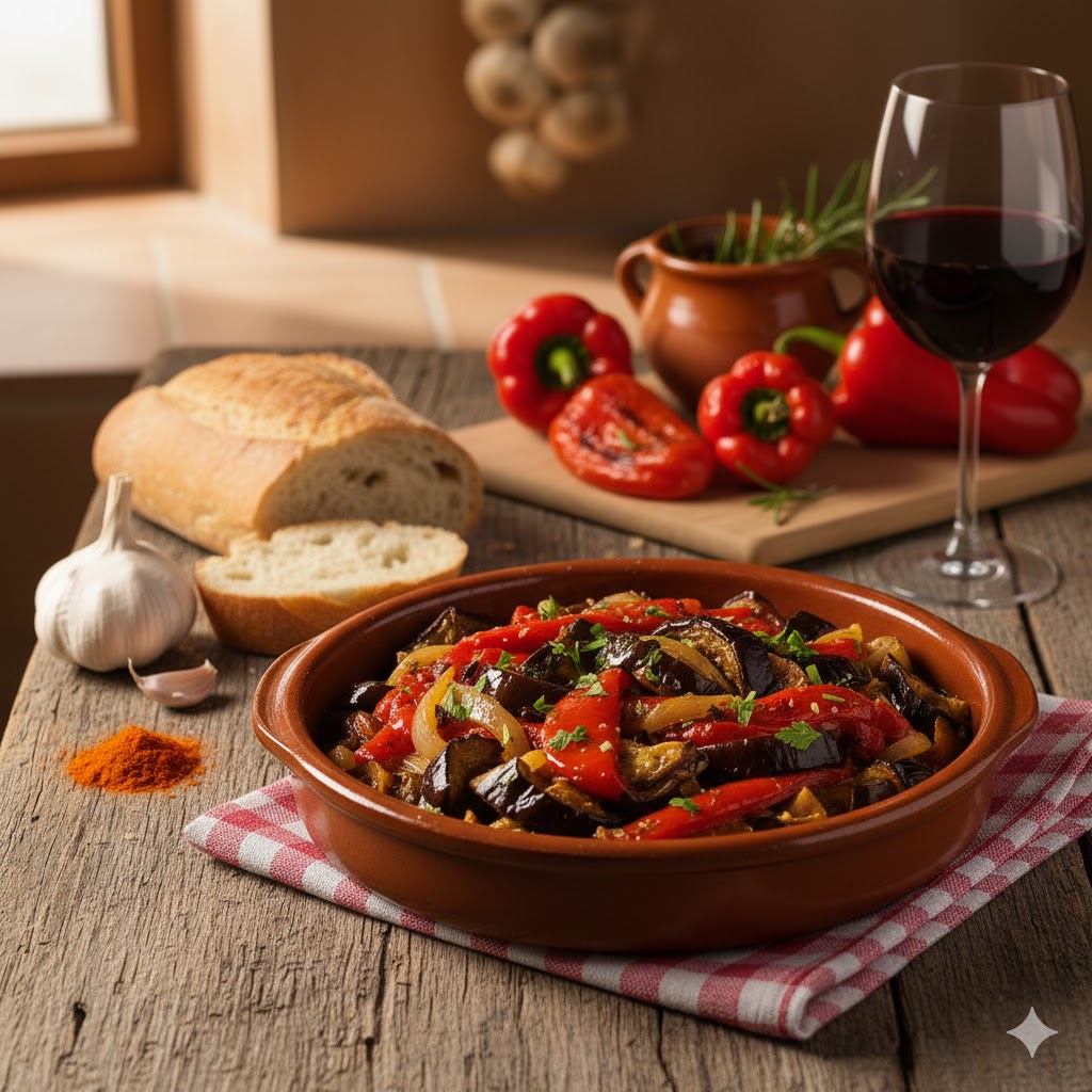 Aspencat con berenjena y tomate servido