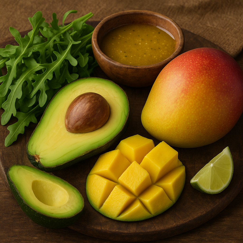 Ingredientes: aguacate, mango, rúcula y aliño cítrico