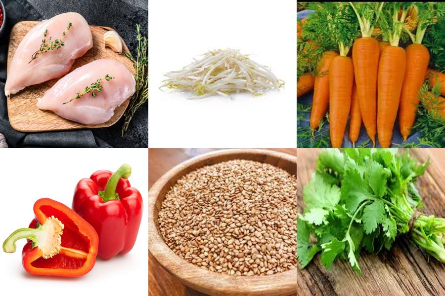 Ingredientes de la ensalada: pollo, brotes de soja, zanahoria, pimiento rojo, sésamo y aderezo
