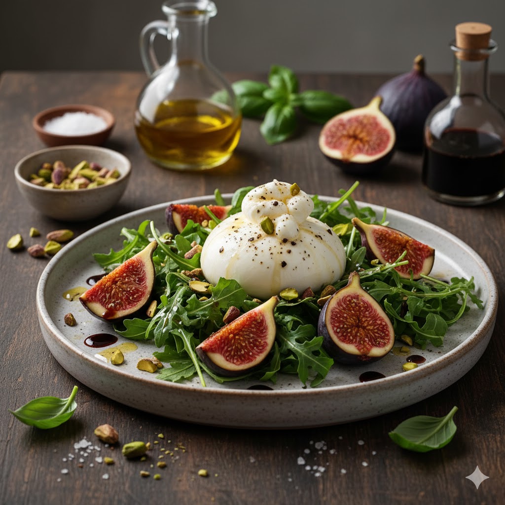 Ensalada de Burrata, Higos y Pistachos servida