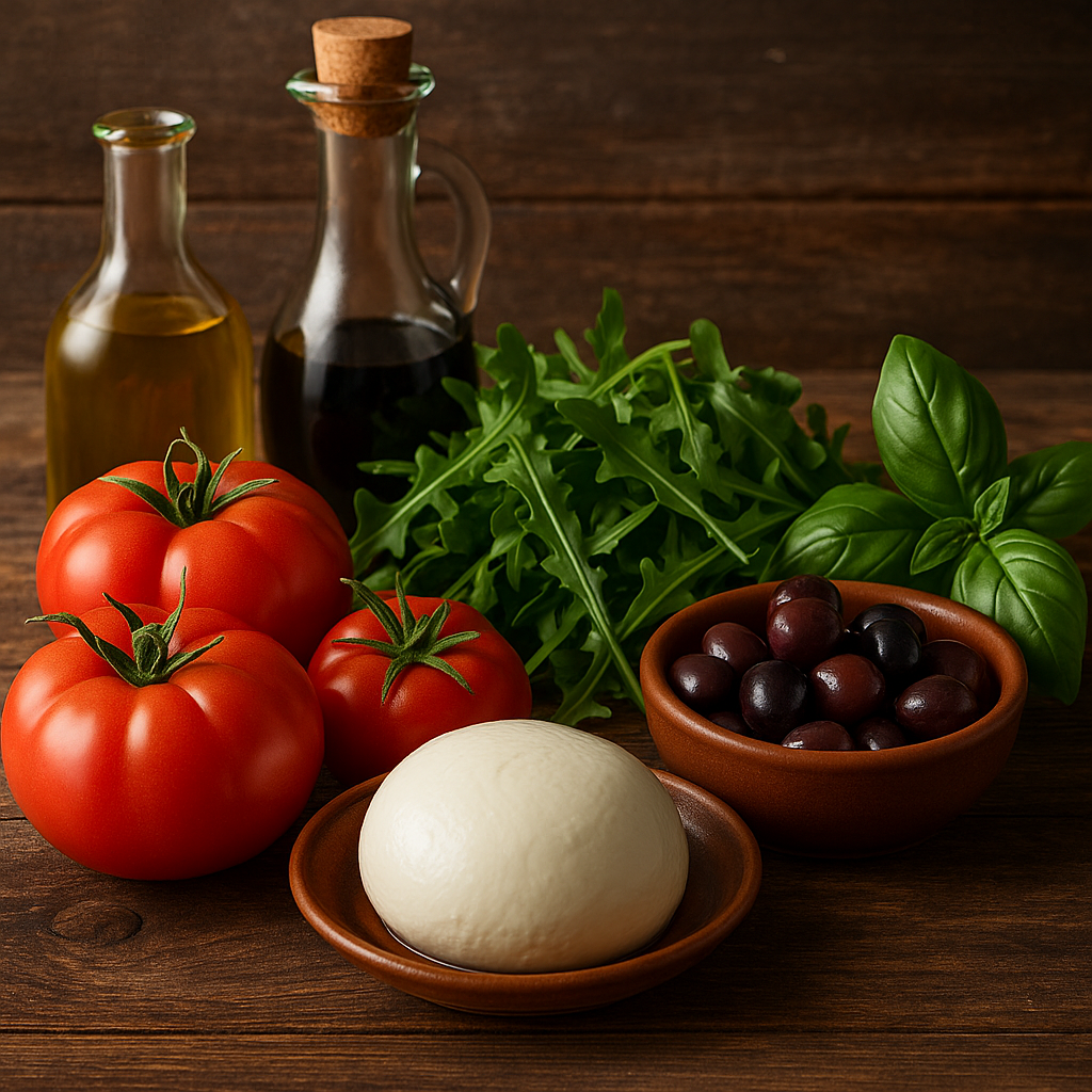 Ingredientes: tomate, mozzarella, rúcula, aceitunas y albahaca