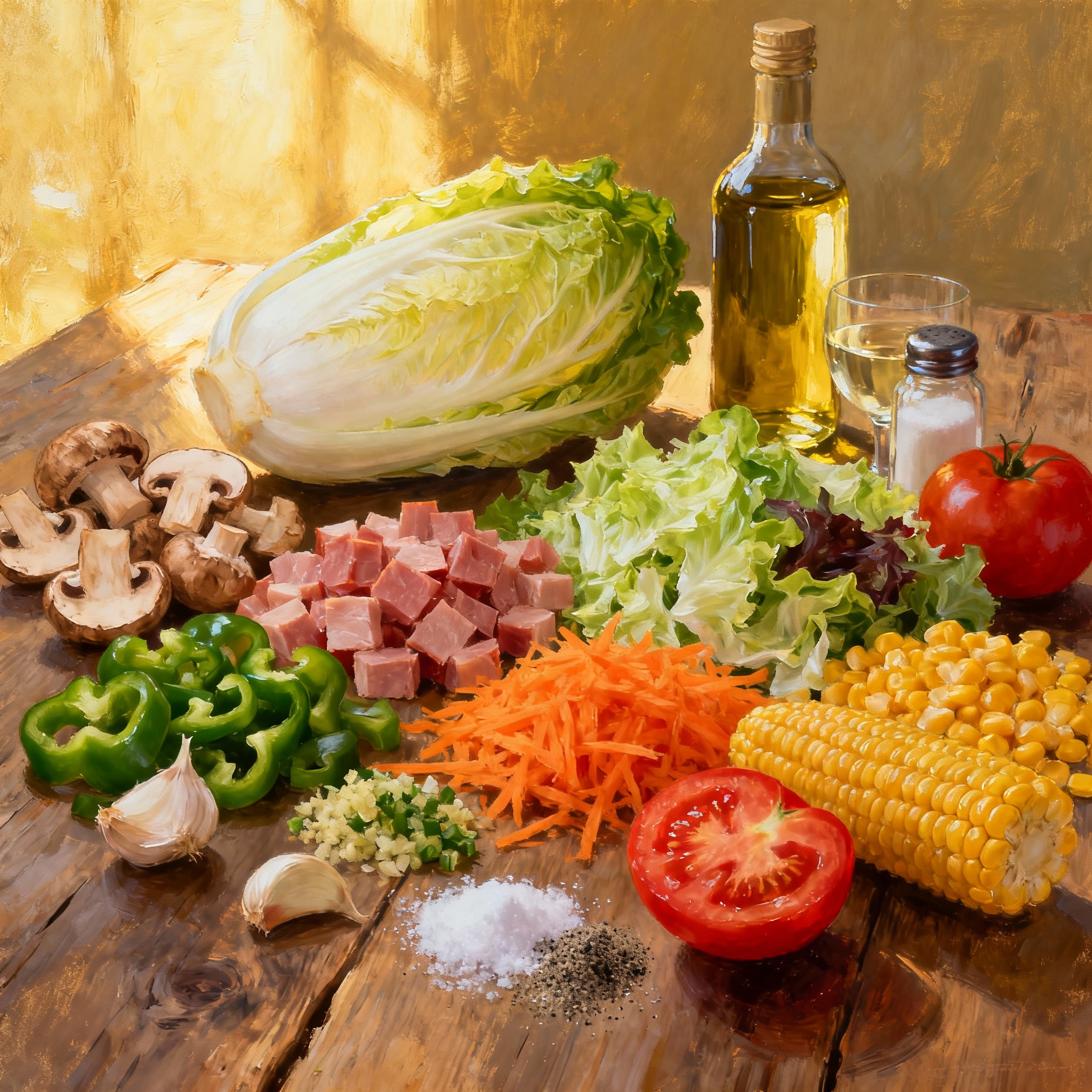 Ingredientes: endibias, champiñones, jamón, pimiento verde, hojas, zanahoria, maíz y tomate