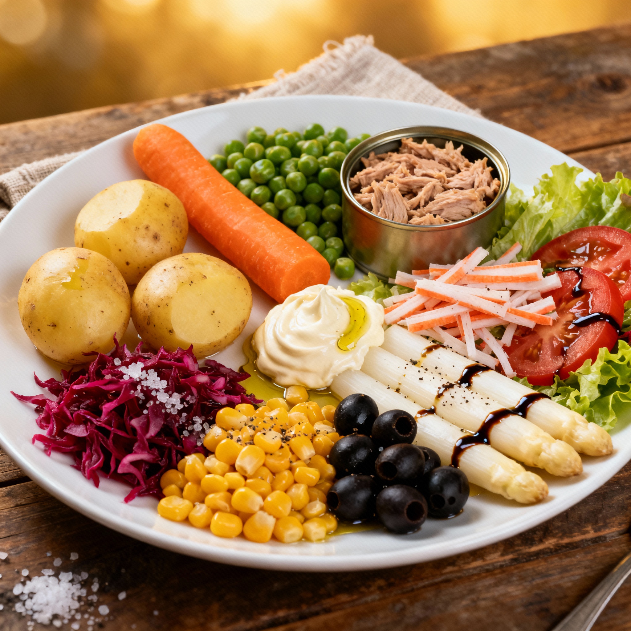 Ingredientes: ensaladilla rusa, espárrago, aceitunas, maíz, zanahoria, lombarda y lechuga