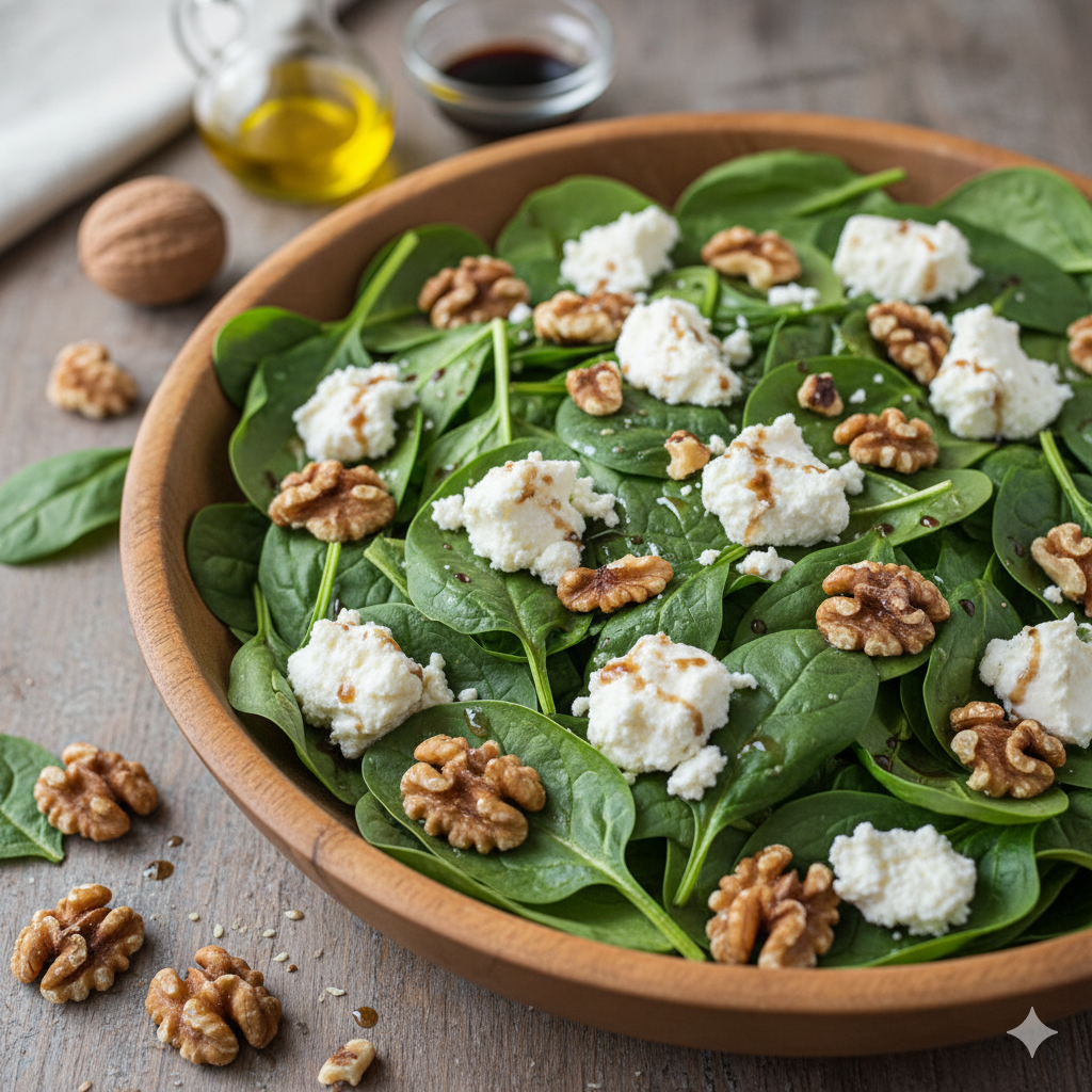 Ensalada de espinacas con nueces y queso feta emplatada