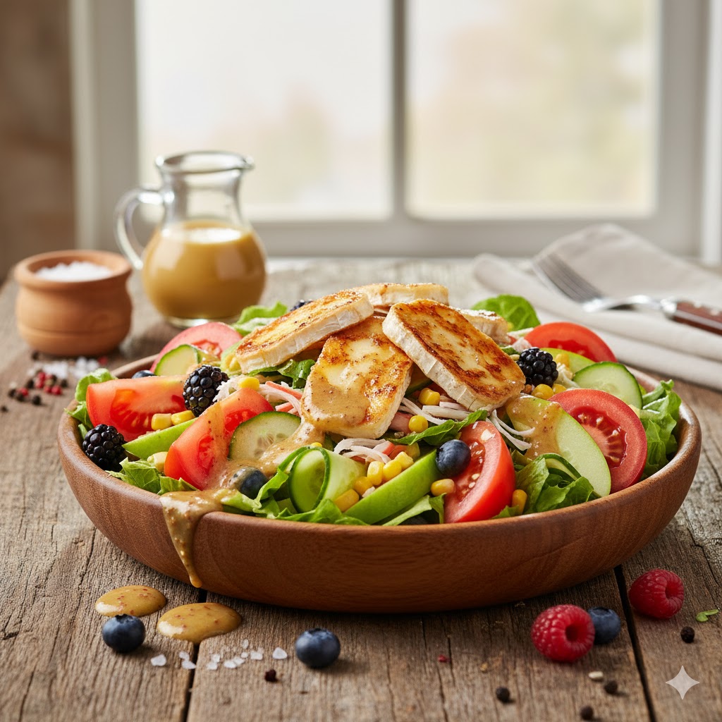 Ensalada fresca mixta con queso de cabra frito en rodajas