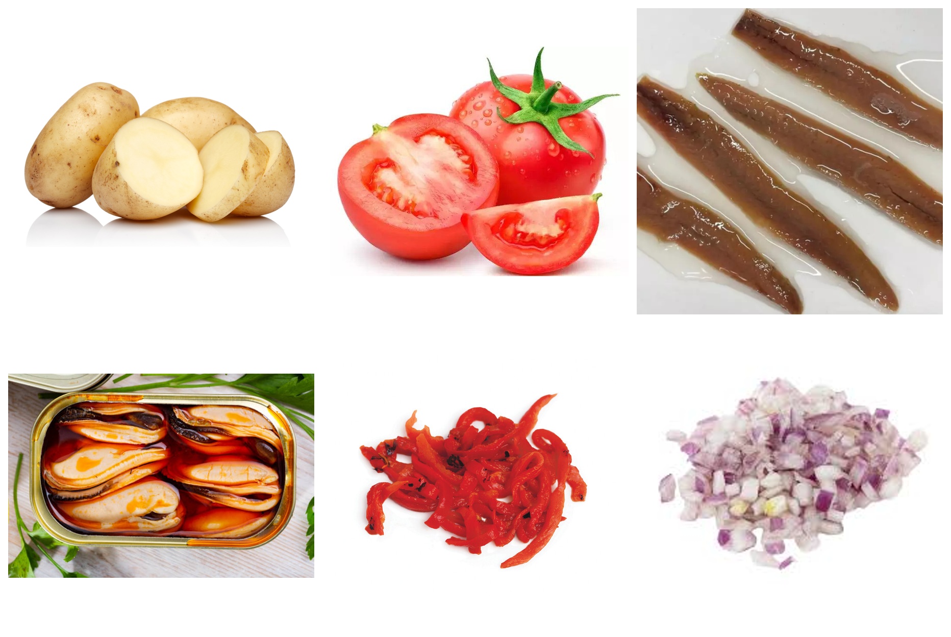 Ingredientes: patatas, tomate, mejillones en escabeche y anchoas