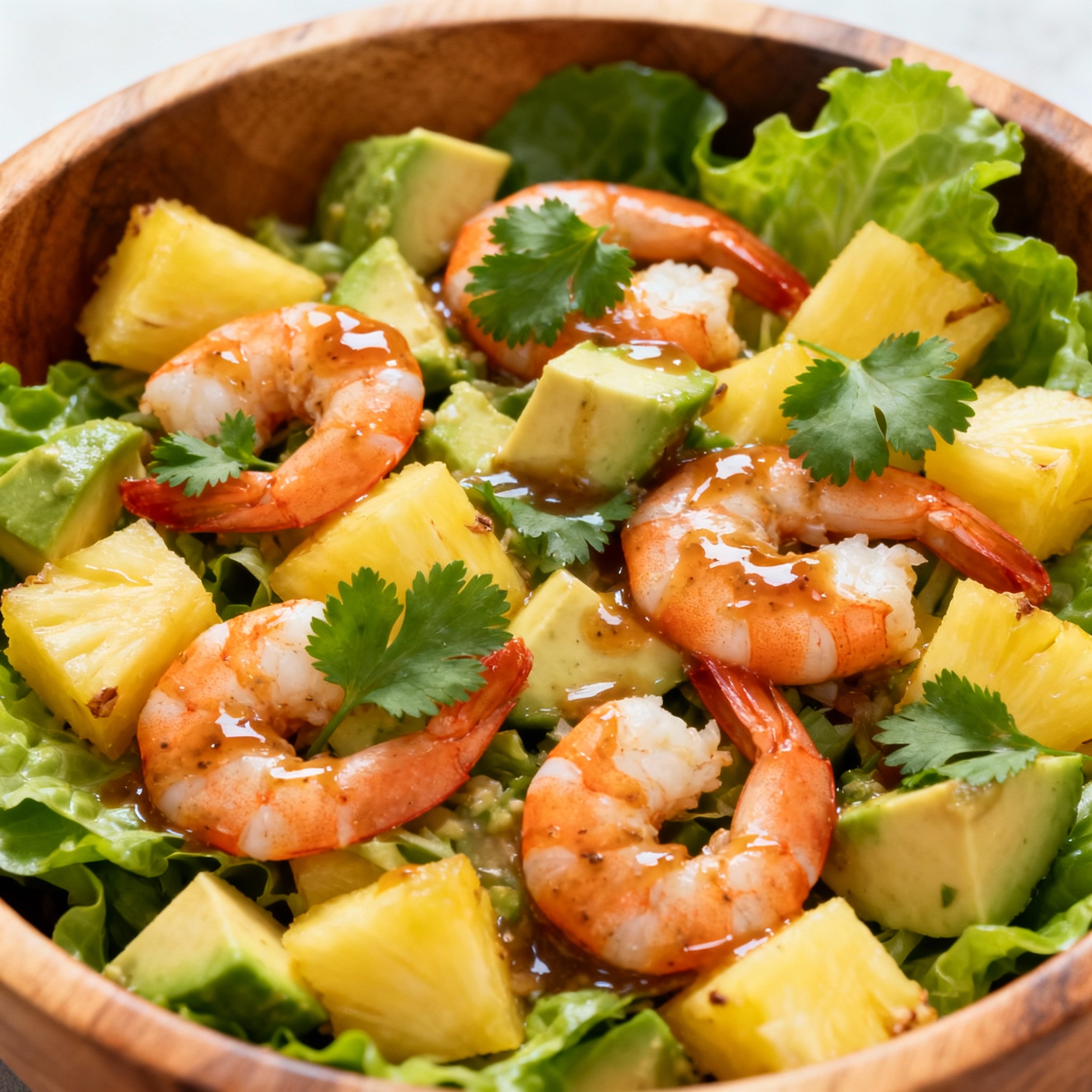 Ensalada de piña, langostinos y aguacate emplatada
