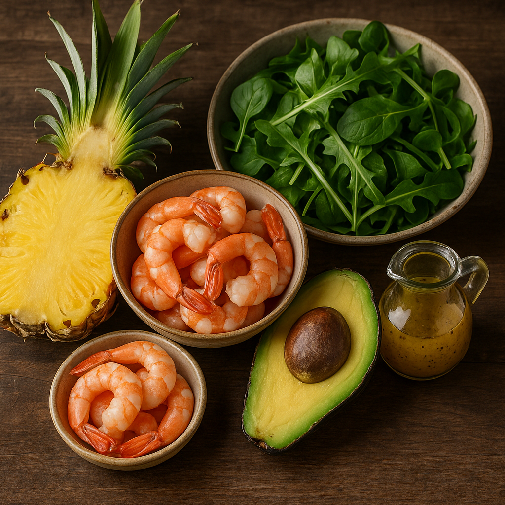 Ingredientes: piña, langostinos, aguacate, hojas verdes y aliño