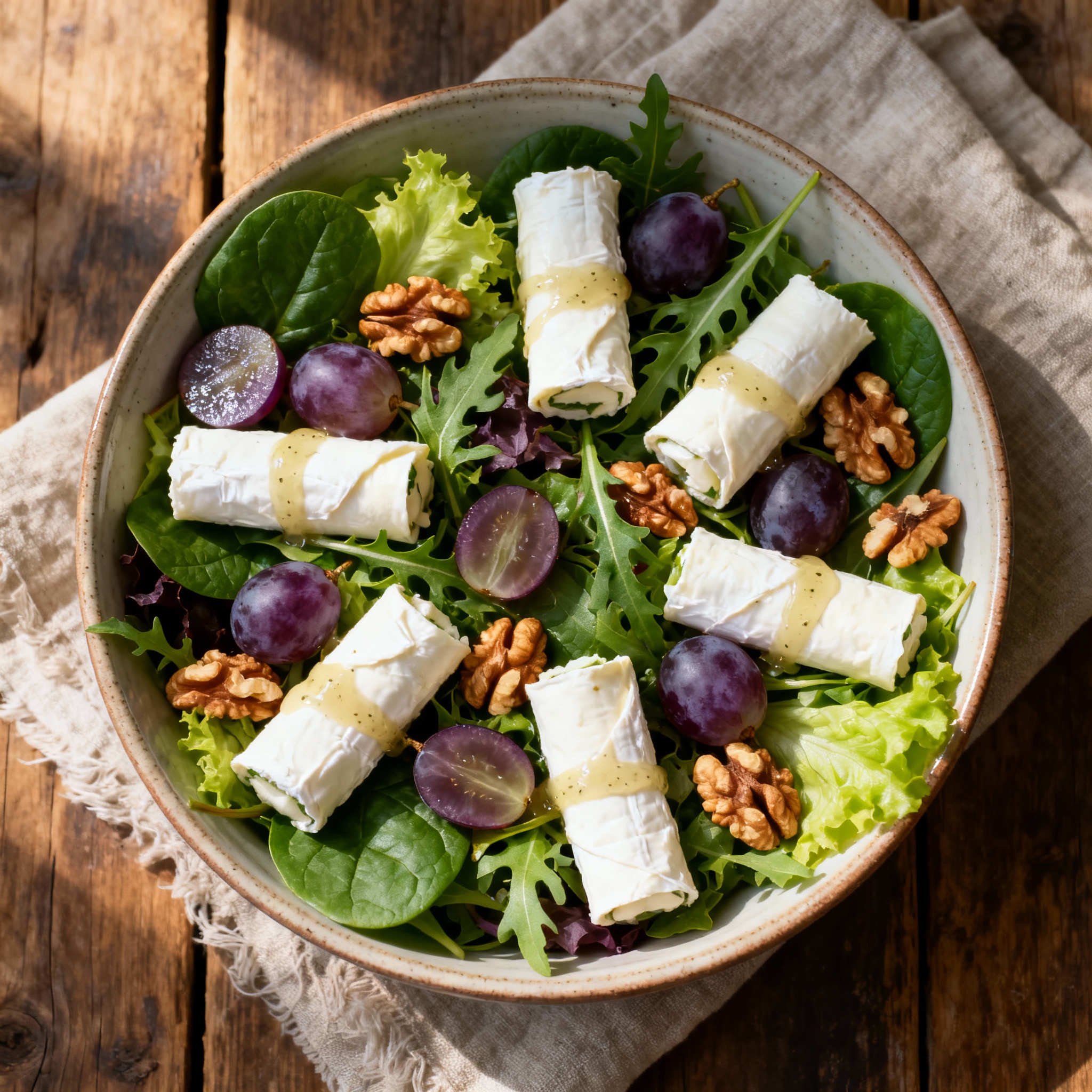 Ensalada de queso de cabra con nueces y uvas emplatada