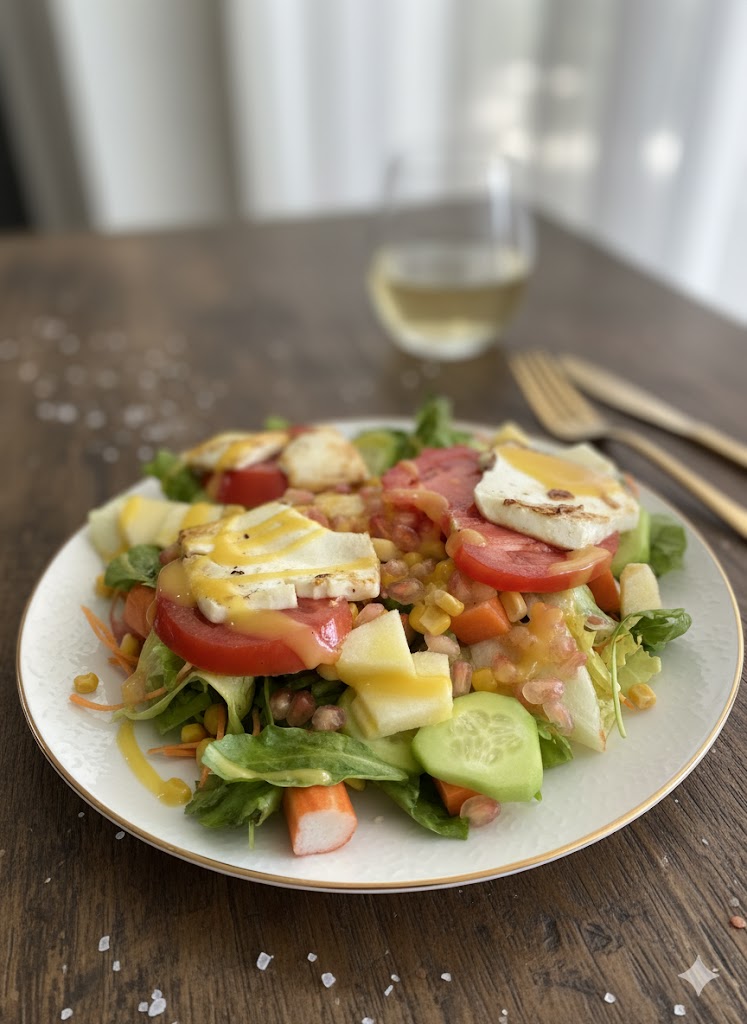 [translate:Ensalada fresca con queso a la plancha y aderezo de mostaza y miel servida]