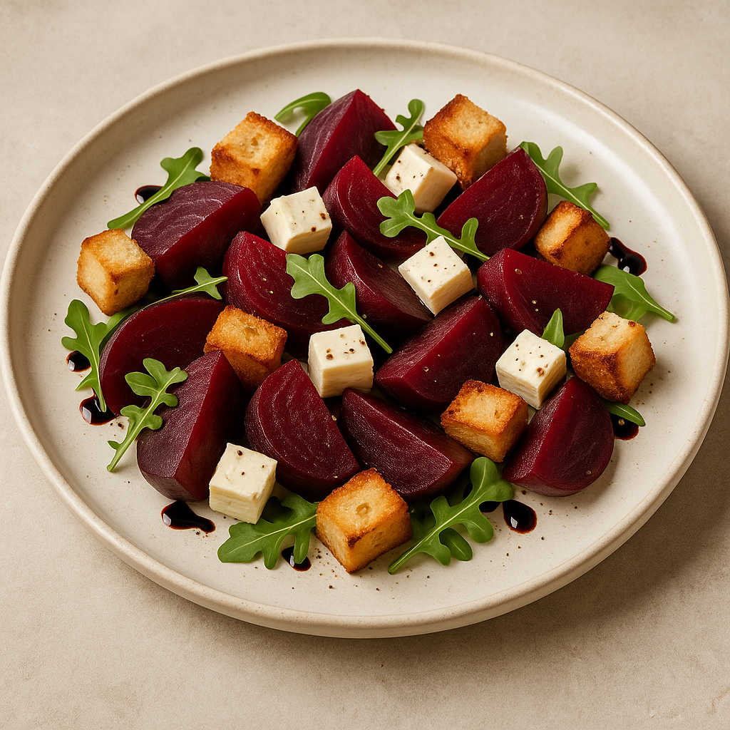 Ensalada de remolacha, queso y picatostes