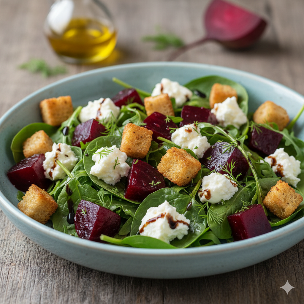 Ensalada de remolacha, queso y picatostes emplatada